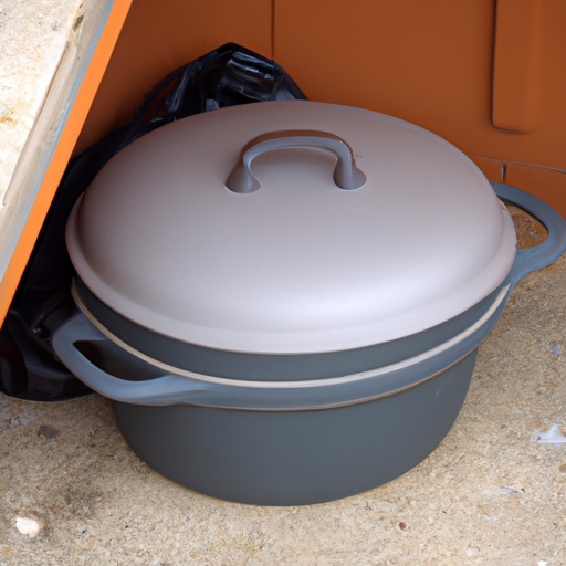 A Dutch oven being stored in a cool, dry place with the lid slightly ajar.